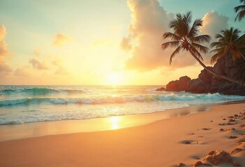 Tropical Beach Sunset with Palm Trees and Golden Light Waves