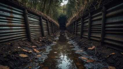 The conserved World War One allied trenches and dugouts located at Sanctuary Wood, Flanders, Ypres.