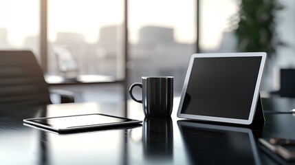 Modern office scene, tablet, coffee mug, city view, workspace