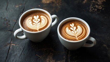 Two cups of coffee on a dark rustic surface featuring beautiful latte art.