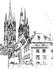 france, coloring page, architecture, church, sketch, building, drawing, vector, illustration, city, old, paris, art, house, cathedral, tower, europe, vintage, castle, design, travel, landmark, london,