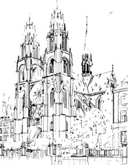 Fototapeta premium france, coloring page, architecture, church, sketch, building, drawing, vector, illustration, city, old, paris, art, house, cathedral, tower, europe, vintage, castle, design, travel, landmark, london,