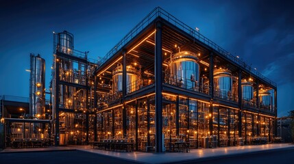 Obraz premium Modern Industrial Facility at Night, Illuminated Steel Structure with Metal Tanks