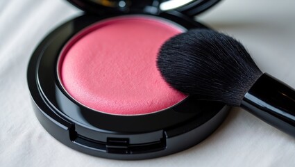 Front view of a stunning open round blush compact with a professional black makeup brush resting on it. White background. Product arrangement. A copy space.