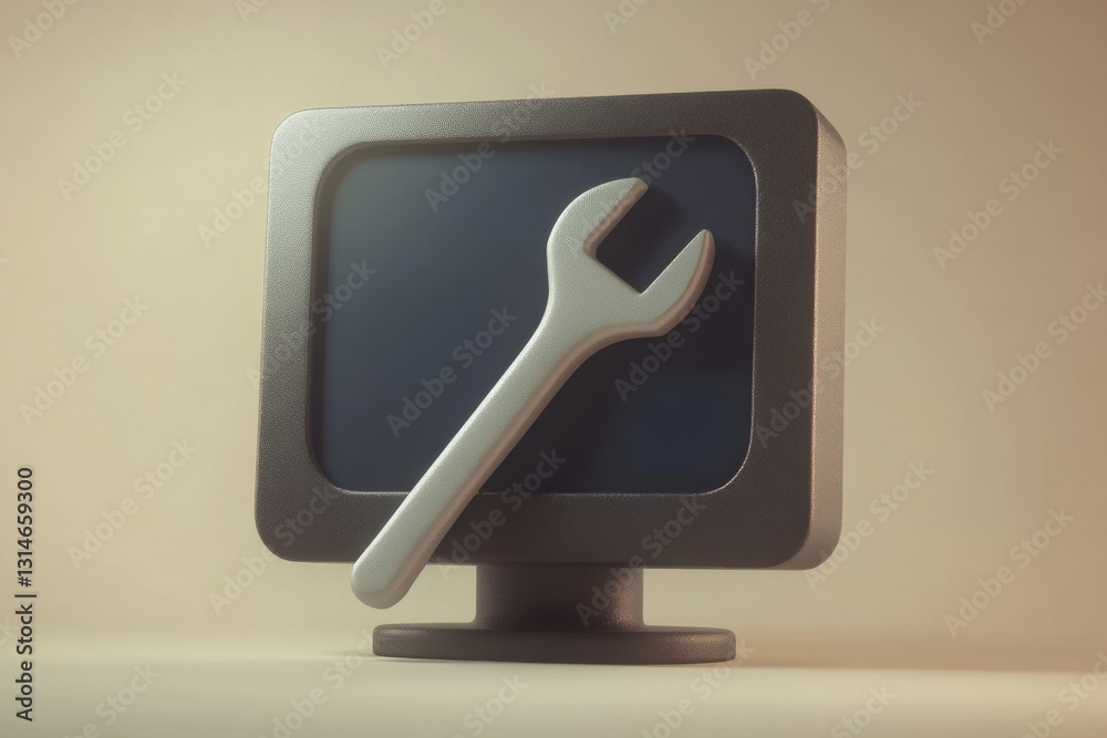 Fototapete monitor icon with wrench and nut symbolizing computer repair services and support for tech enthusias
