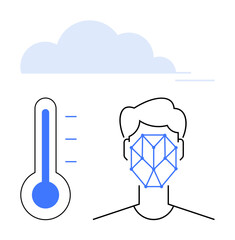Face scanning grid next to thermometer and cloud data element. Ideal for healthcare, technology, AI, security, data monitoring, weather, facial detection. Flat simple metaphor