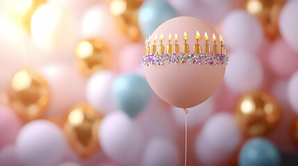 Peach Balloon With Lit Birthday Candles Against A Backdrop Of Pink Gold And Teal Balloons In A Festive Celebration Setting