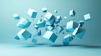 Dynamic abstract composition of floating geometric shapes modern studio digital artwork minimalist environment aerial view innovative design