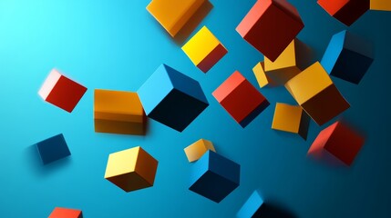 Dynamic abstract composition of floating geometric shapes vibrant colors digital art studio environment aerial view conceptual design