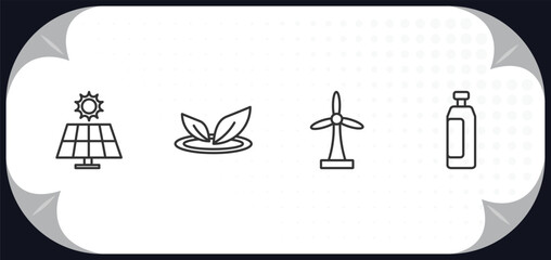 outline icons set - ecology concept. solar panels, nature, wind turbine, plastic bottle.