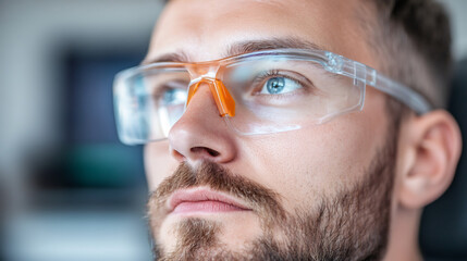 Close-up of scientist wearing protective glasses concentrating on his work in a laboratory environment