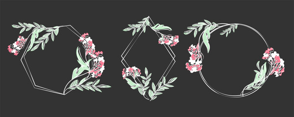Elegant Geometric Floral Frames with Hand-Drawn Flowers and Leaves on Dark Background. Perfect for Wedding Invitations, Greeting Cards, Logos, Branding, and Stylish Decorative Designs