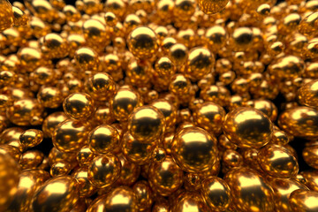 Shiny golden spheres clustered together in abstract pattern for modern decor. 3d render