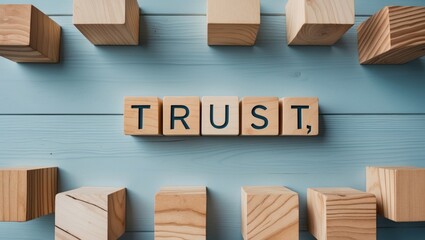 Concept of trust integrity in the business industry on a background of wooden blocks.