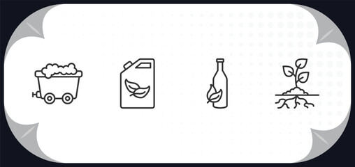 outline icons set - ecology concept. coal, biofuel, recycled bottle, plant and root.