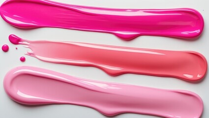 pink lipstick smear, acrylic gel, glossy pink nail polish, texture of cosmetics beauty products, liquid blush, lip gloss swatches