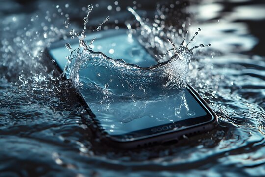 Smartphone Submerged in Water Splashing Dark Blue Tones Close Up