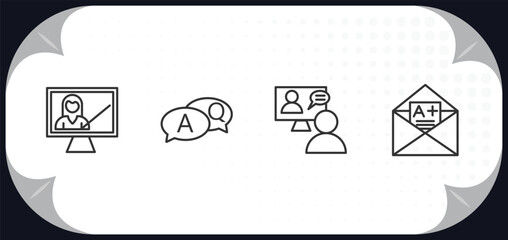 outline icons set - e learning and education concept. computer-based training, qa, online coaching, grades.