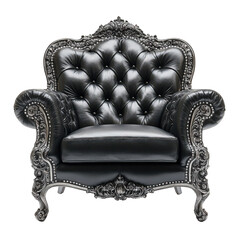 A regal black leather armchair with a unique artistic interpretation, transparent background, PNG