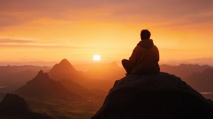 Person Meditating at Sunset on Mountaintop