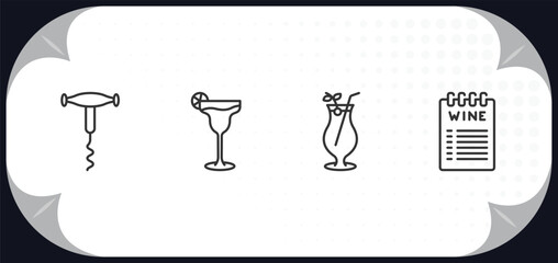 outline icons set - drinks concept. sorkscrew, margarita, tequila sunrise, wine list.