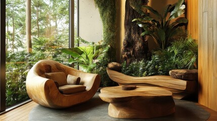 Obraz premium A natural themed interior setting with wooden furniture and plants