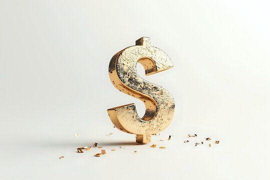 Gold dollar sign crumbling and breaking apart on white background, symbolizing financial crisis, economic decline, and currency devaluation concept.