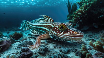 Fototapeta premium Variegated lizardfish rests on the ocean floor.