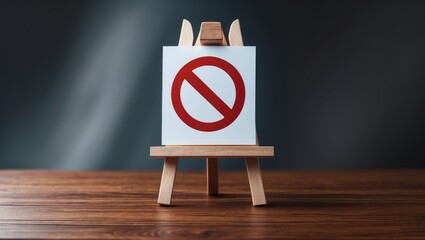Easel displaying the prohibition sign NO. Restricted area. Sanctions and restrictions. Inaccessibility. Blocking. Out of stock. Ban and embargo. Failed strategy. Denying entry and halting action pr...