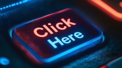 Glowing click here button in neon red and blue colors on black keyboard background with dramatic lighting and shallow depth of field effect.