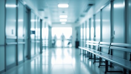Fototapeta premium Medical clinic with a blurred background of the hospital service center in a patient's ward featuring a blurry perspective of the interior white room, lab corridor hallway, lobby, or walkway for nu...