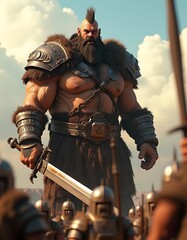 Giant Warrior Leading Army with Sword Illustration Fantasy Concept Art