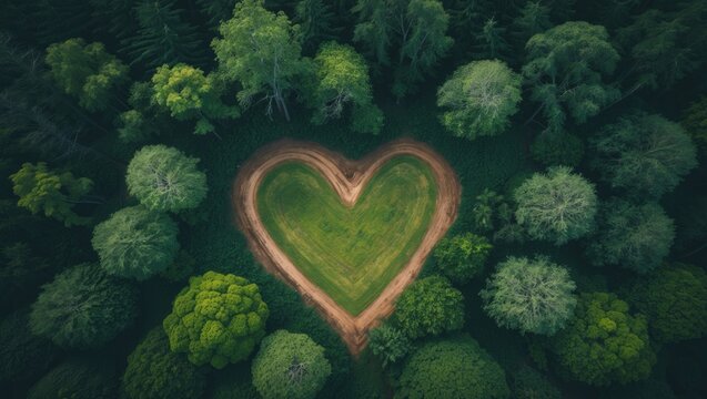 Aerial view of a forest clearing captured by a drone. Top shot, heart shaped meadow.