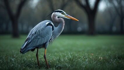Fototapeta premium Grey heron standing on green grass in the park.