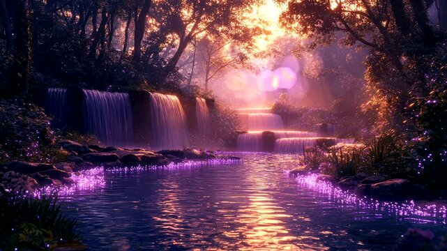 Magical waterfall with glowing purple water flowing through enchanted twilight forest. Seamless looping 4K time-lapse animation video background