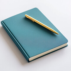 A teal notebook paired with a sleek gold pen on a plain white surface, perfect for writers and note-takers.