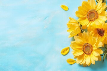Vibrant Flat Lay of Three Sunflowers in Full Bloom on Light Blue Background, Cheerful Floral Border Image