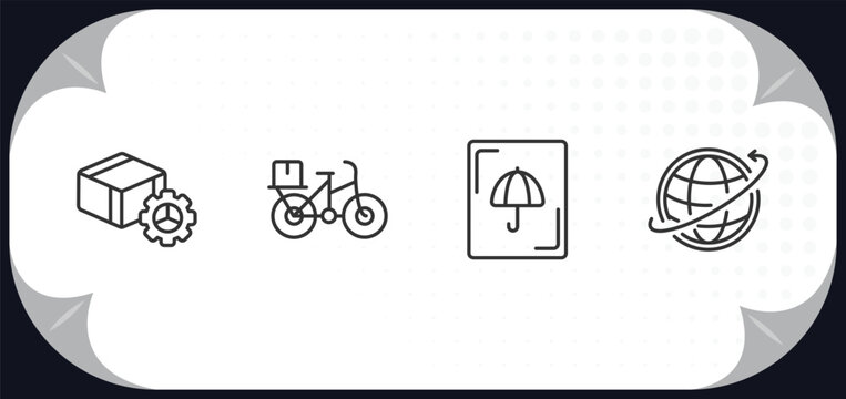 outline icons set - delivery and logistic concept. delivery tings, delivery by bike, logistic umbrella, worldwide