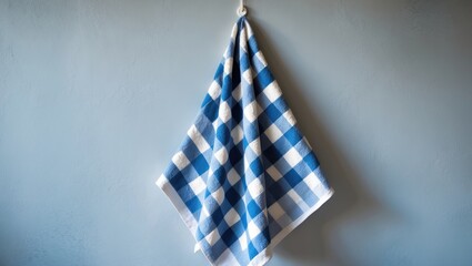 Obraz premium Blue checkered towel displayed against a wall backdrop.