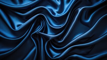 Fototapeta premium Blue black abstract background. Satin silk. Drapery, curtain. Shiny fabric. Dark. Soft wavy pleats. Liquid wave effect. Gradient.