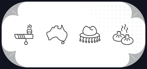 outline icons set - culture concept. calumet, australian continent, cork hat, steamed bread.