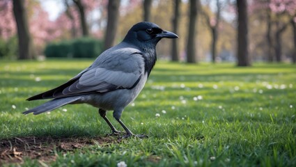 Paraphrased Title: "A jackdaw, a bird with black and gray feathers, stands on the mowed grass of the lawn in the park during spring."