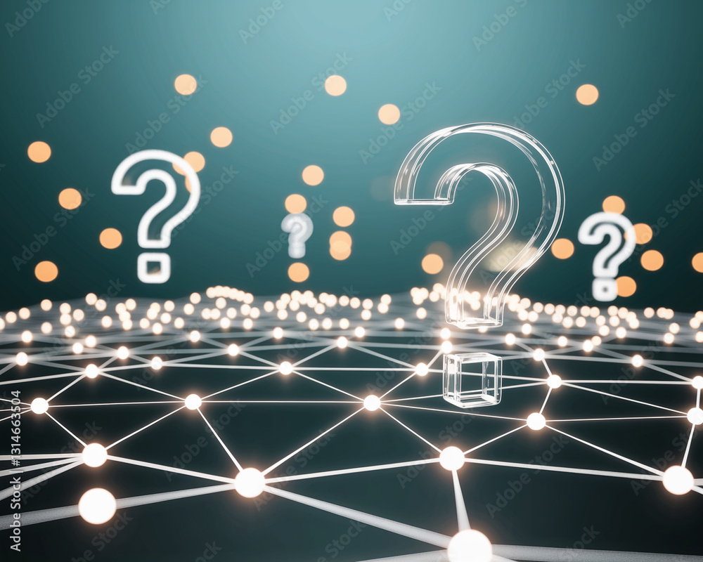 Aufkleber Glass large question marks on a network background, symbolizing questions, answers, and connections in a digital world, suitable for tech or knowledge concepts