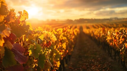 Autumnal Vineyard at Sunset Golden Hour Light on Grapevines