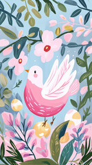 Illustration of spring bird in pink & blue pastel hand-drawn flok art style. Concept of Easter, spring, Christianity, salvation, resurrection, religion, renewal
