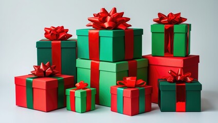 Fototapeta premium Green and red gift boxes featuring ribbons and bows, presented in isolation.