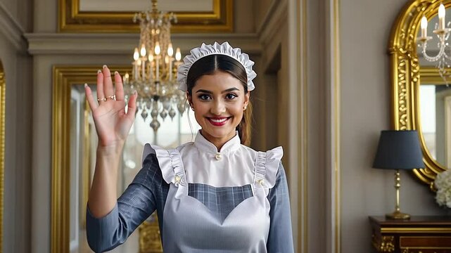 A young maid in a classic uniform with a white apron waves cheerfully in a luxurious, golden chandelier-lit room, exuding warmth and professionalism.
