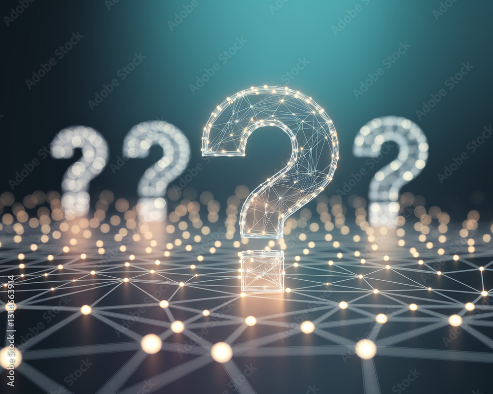 Poster Three luminous large question marks form a network, symbolizing inquiry, problem-solving, or the search for answers in a digital landscape