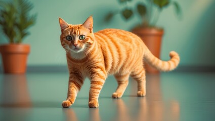 happy orange cat approaching the camera directly