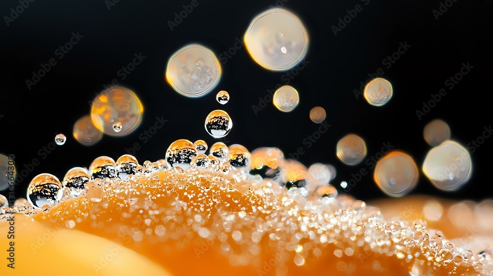 Poster macro photography of water drops on orange surface with bokeh effect creating artistic reflections a